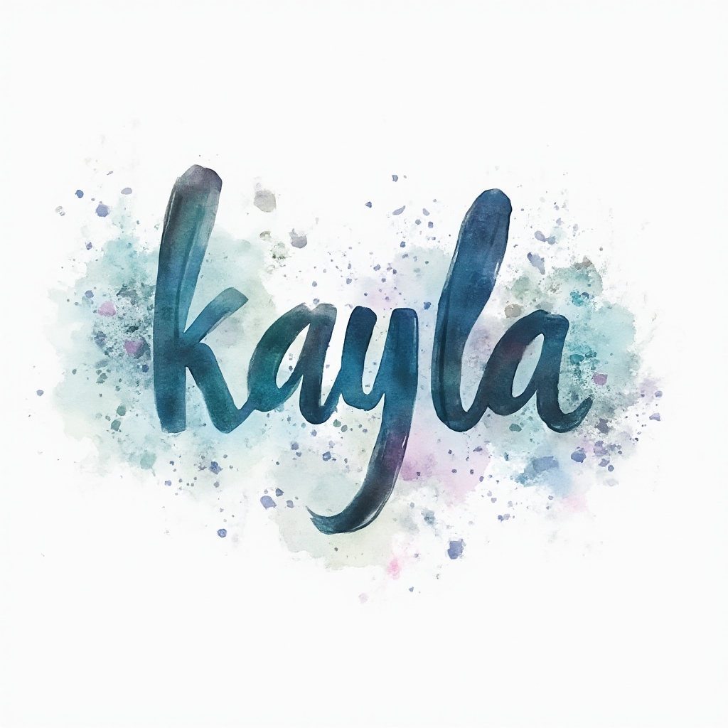 Watercolor name tattoo concept of stylized kayla lettering with colorful ink splashes on a white background