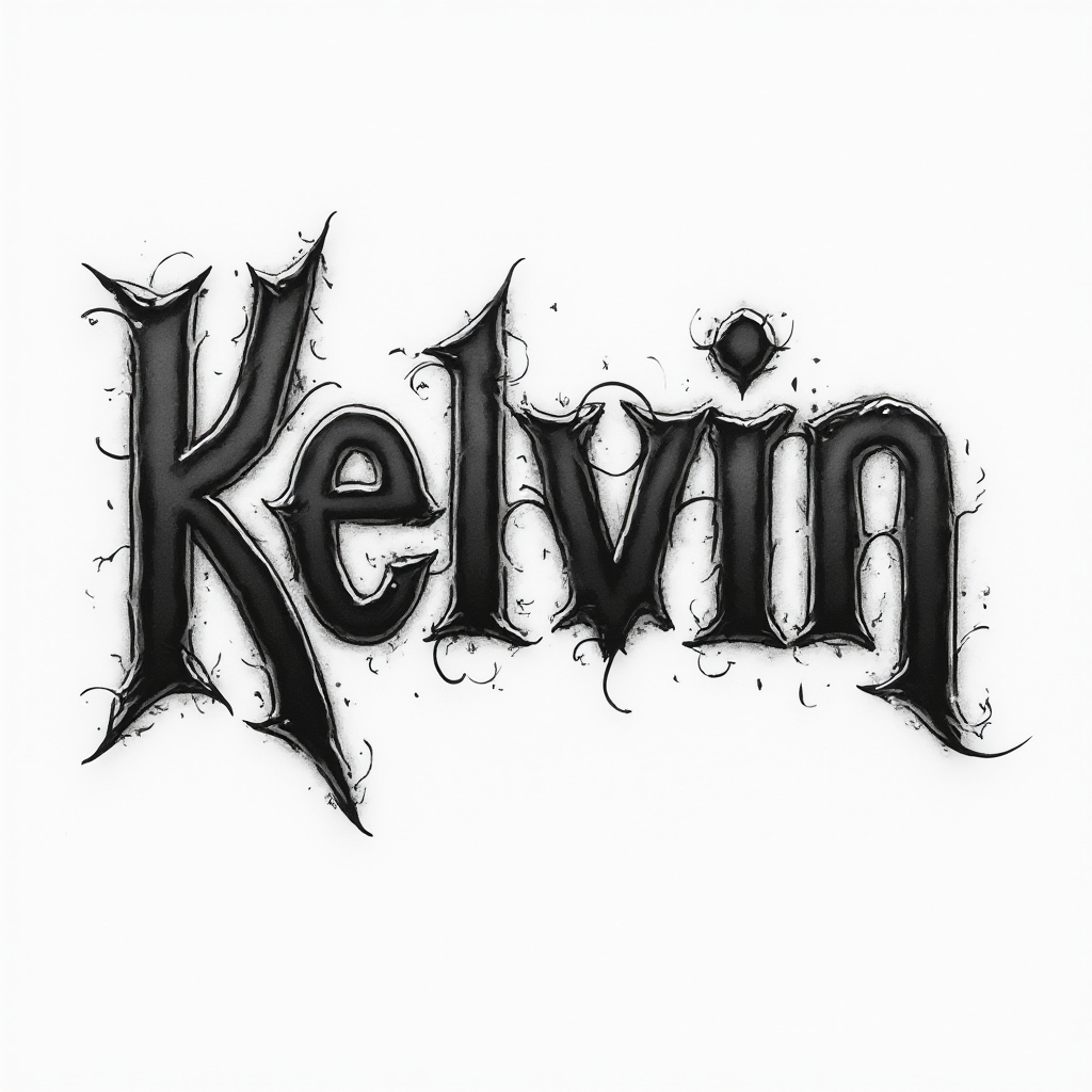 Dimensional tattoo concept of the name kelvin with bold stylized lettering and graphic depth on white