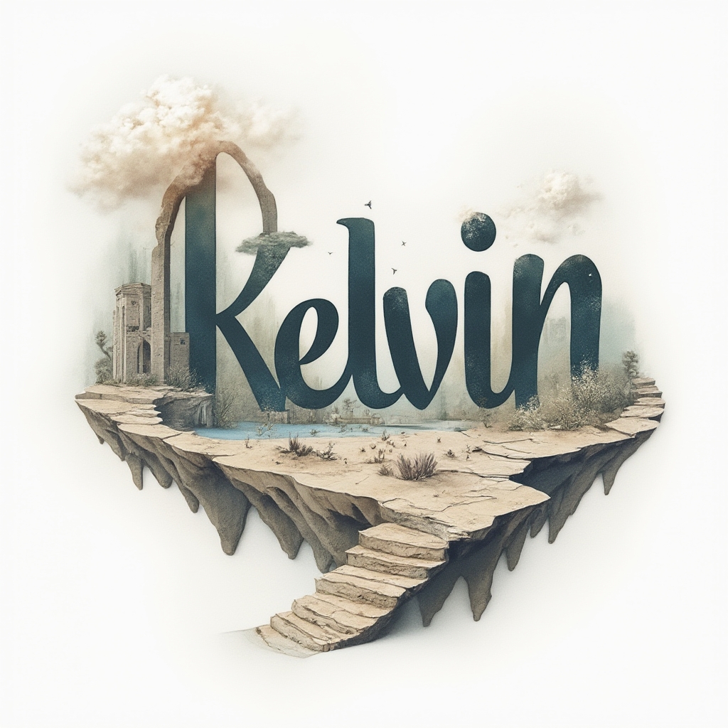 Surreal tattoo design of the name kelvin forming impossible architectural and organic shapes on a white background