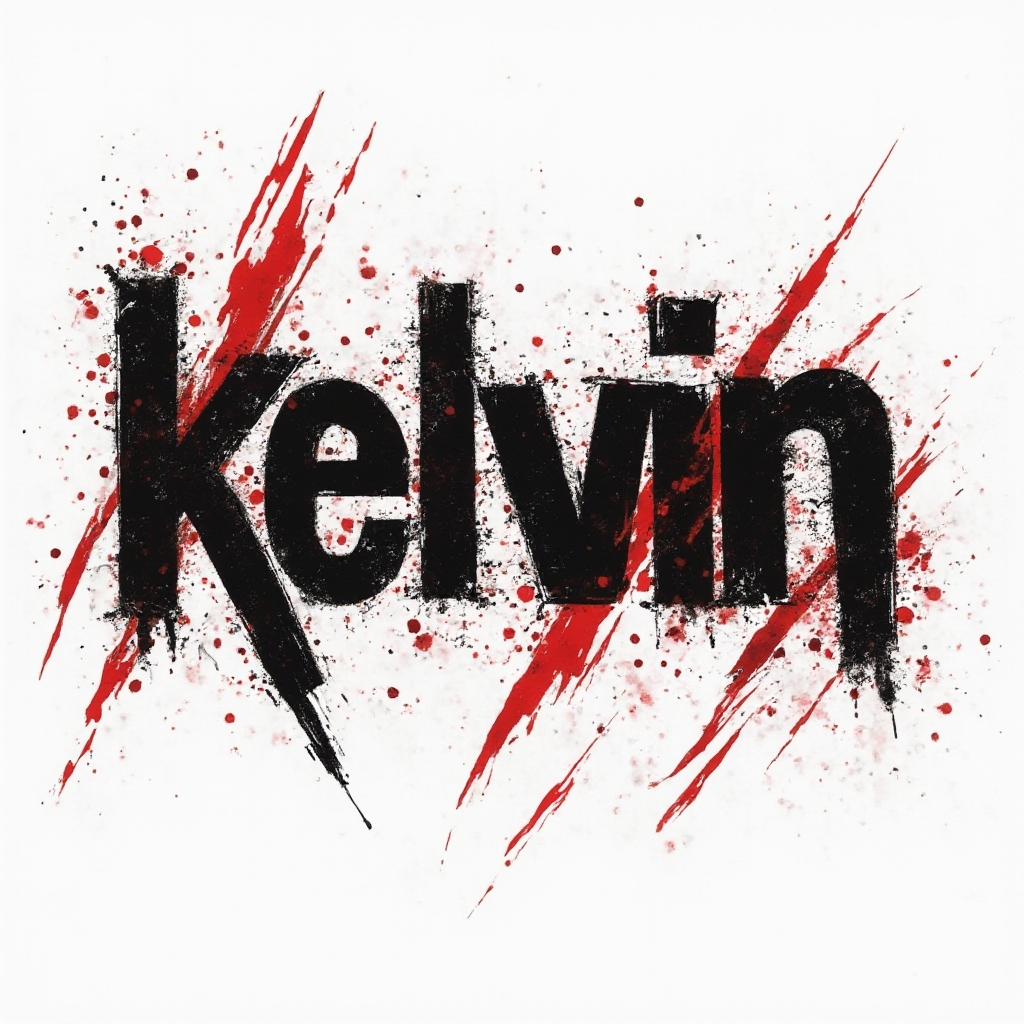High-contrast Trash Polka tattoo concept of the name kelvin with distressed black and red lettering on white
