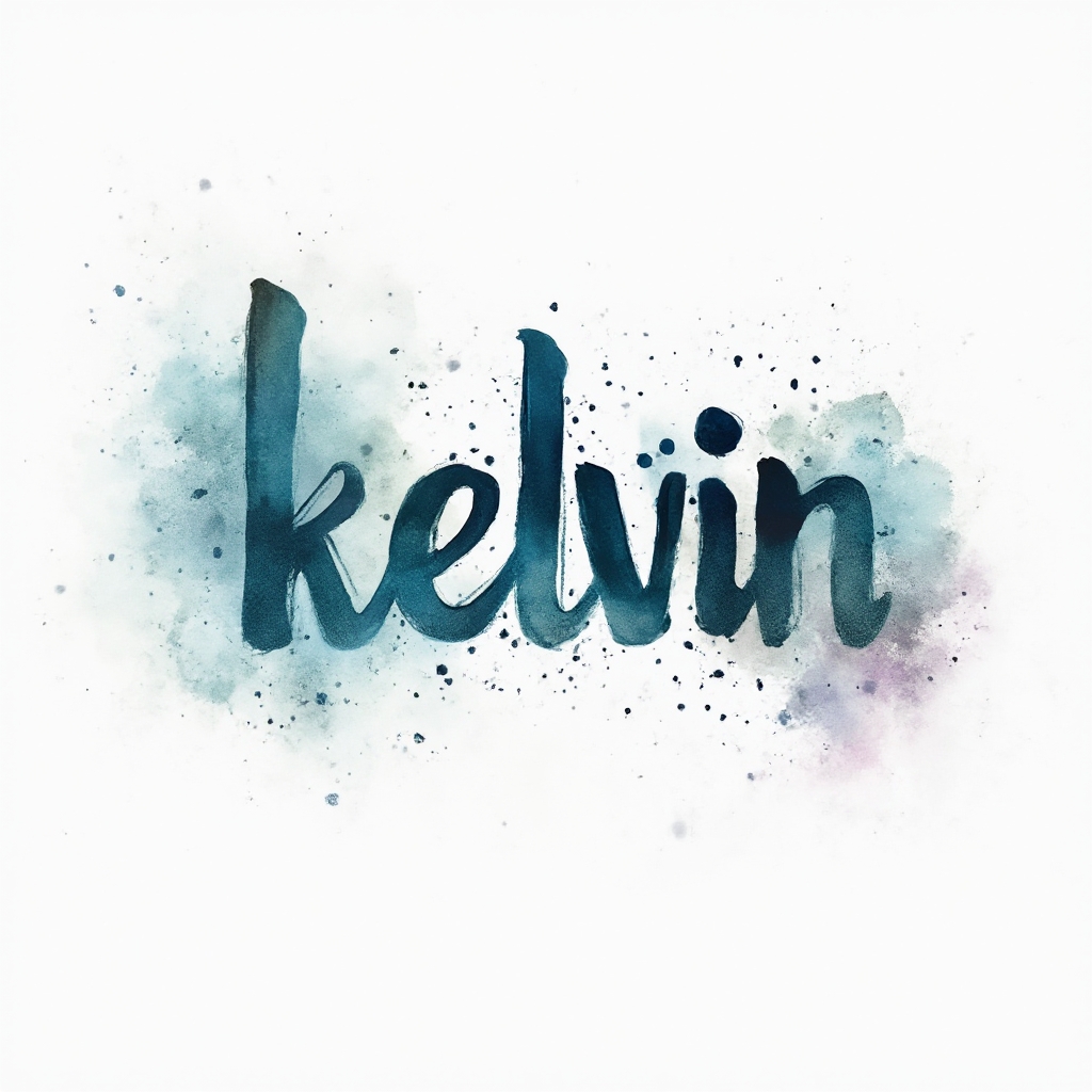 Watercolor tattoo concept of the name kelvin with flowing brushstroke letters and colorful splashes on a white background