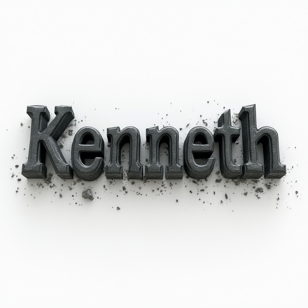 Futuristic dimensional tattoo concept where the name kenneth appears as carved stone and metal glyph-like letters on a white background.