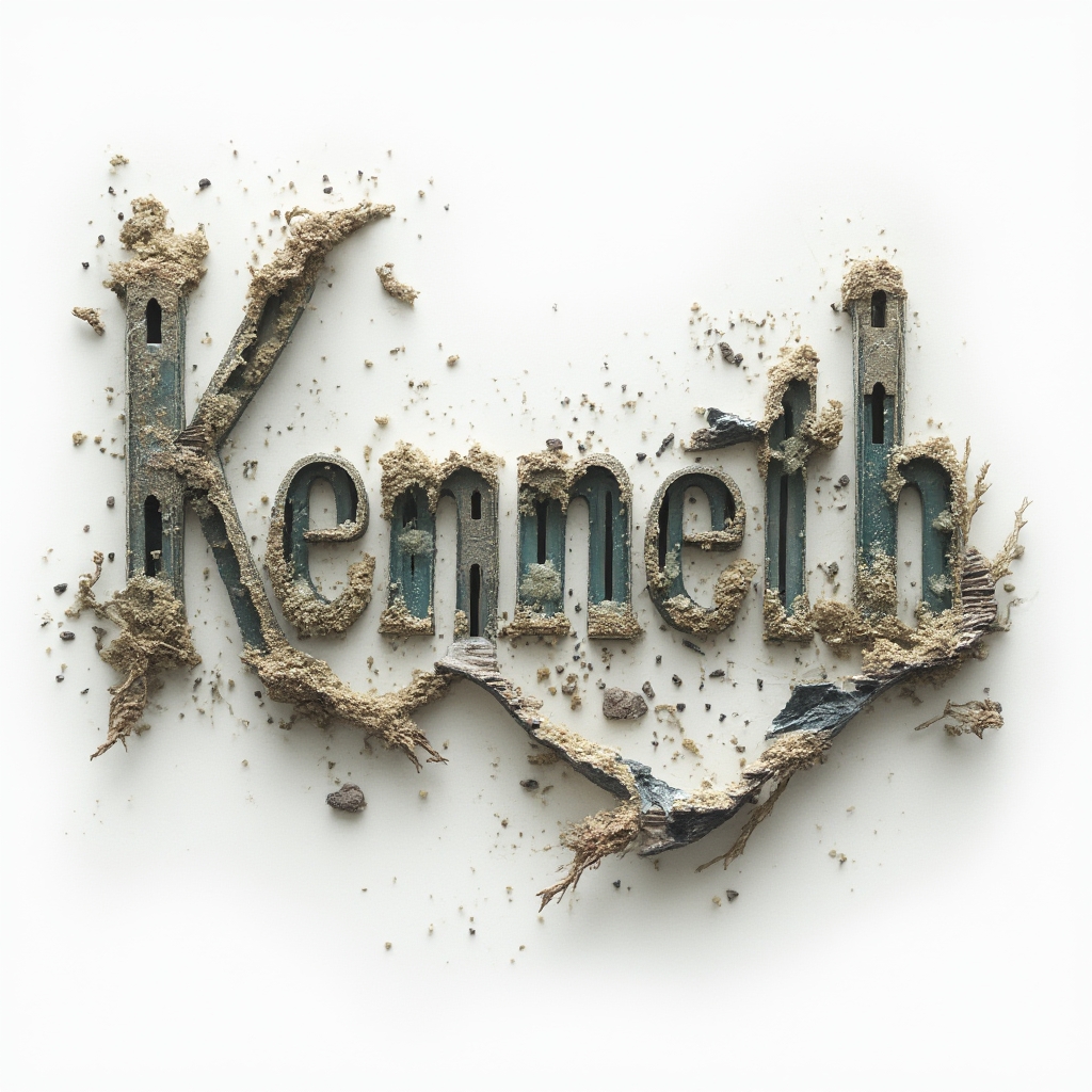 Surrealist tattoo concept where the name kenneth becomes a floating dreamscape of impossible architectural letterforms on white.