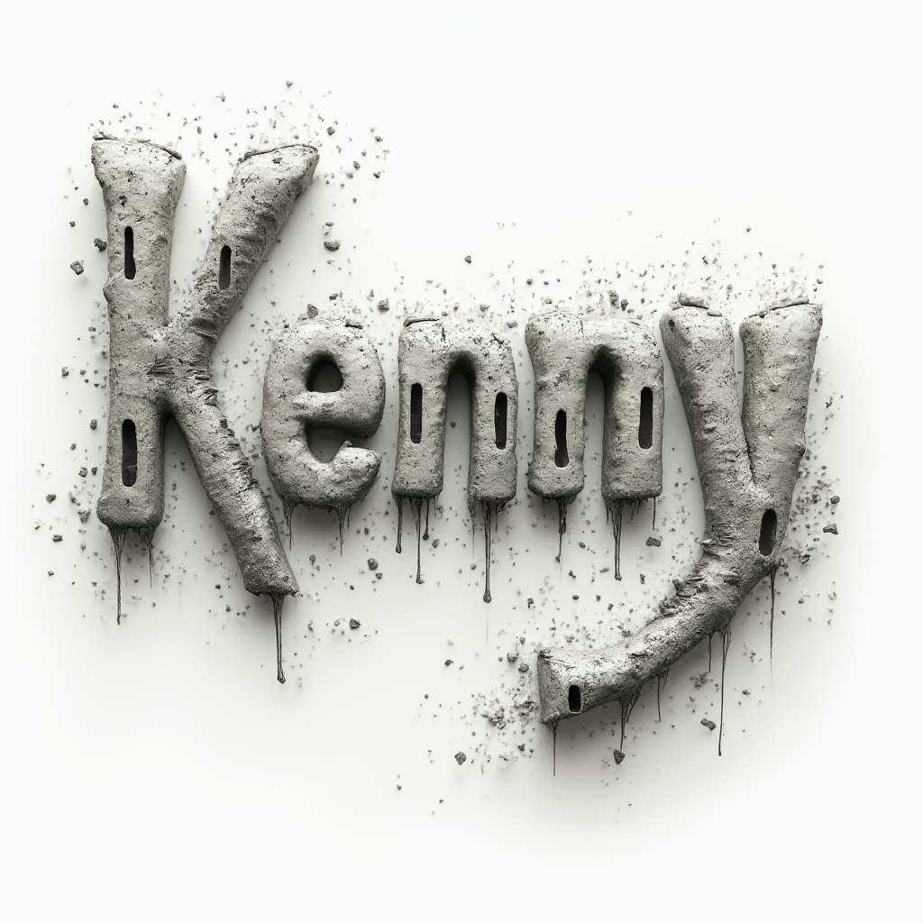 Surreal dreamlike structures forming the name kenny in floating architectural lettering on a white background