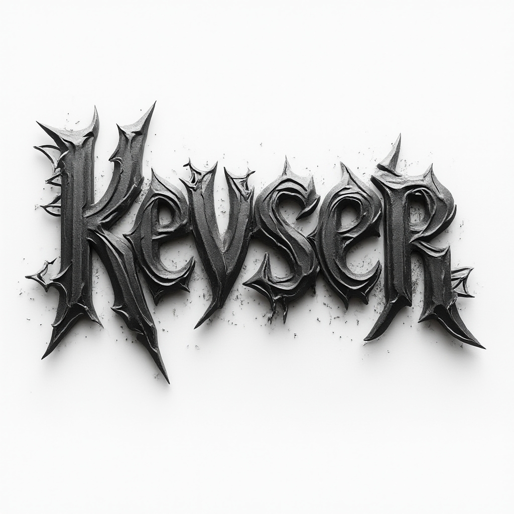 Sculpted ornamental ink tattoo concept of the name kevser built from interlocking carved panels on white background