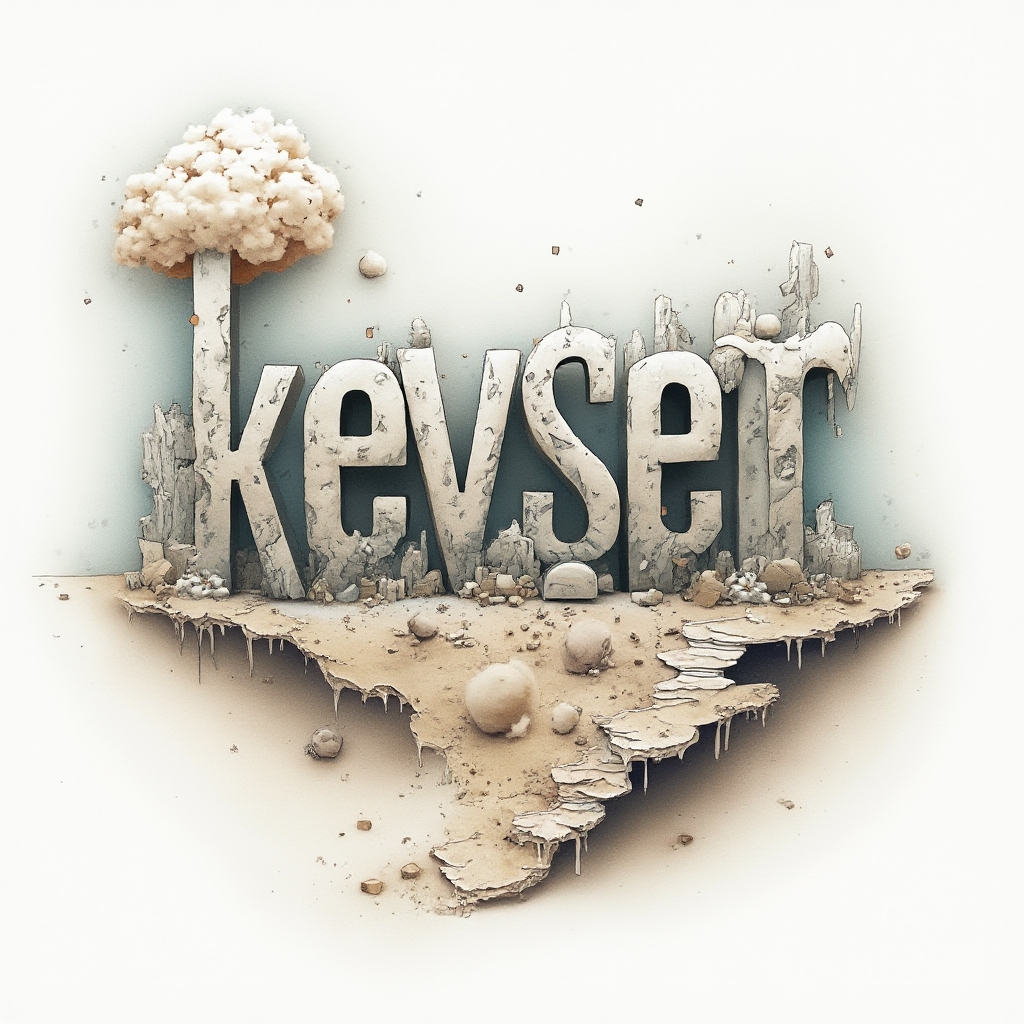 Surreal tattoo concept where the name kevser becomes a dreamlike architectural word sculpture on white background