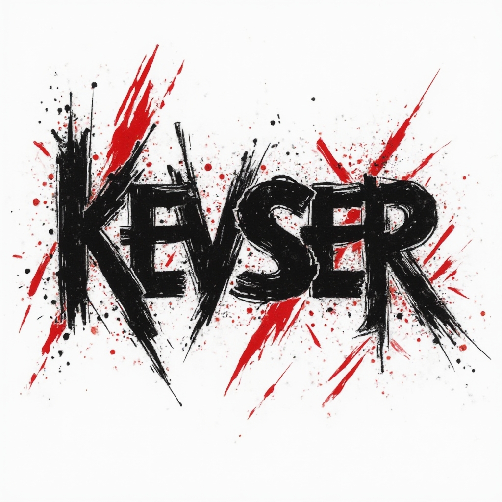 Trash Polka style tattoo artwork with the name kevser in distressed black and red abstract lettering on white background