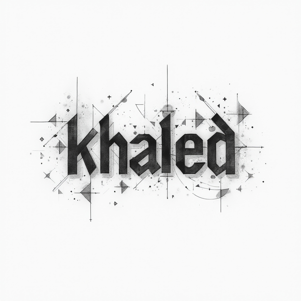 Geometric abstract tattoo design of the name khaled constructed from lines and polygons on white background