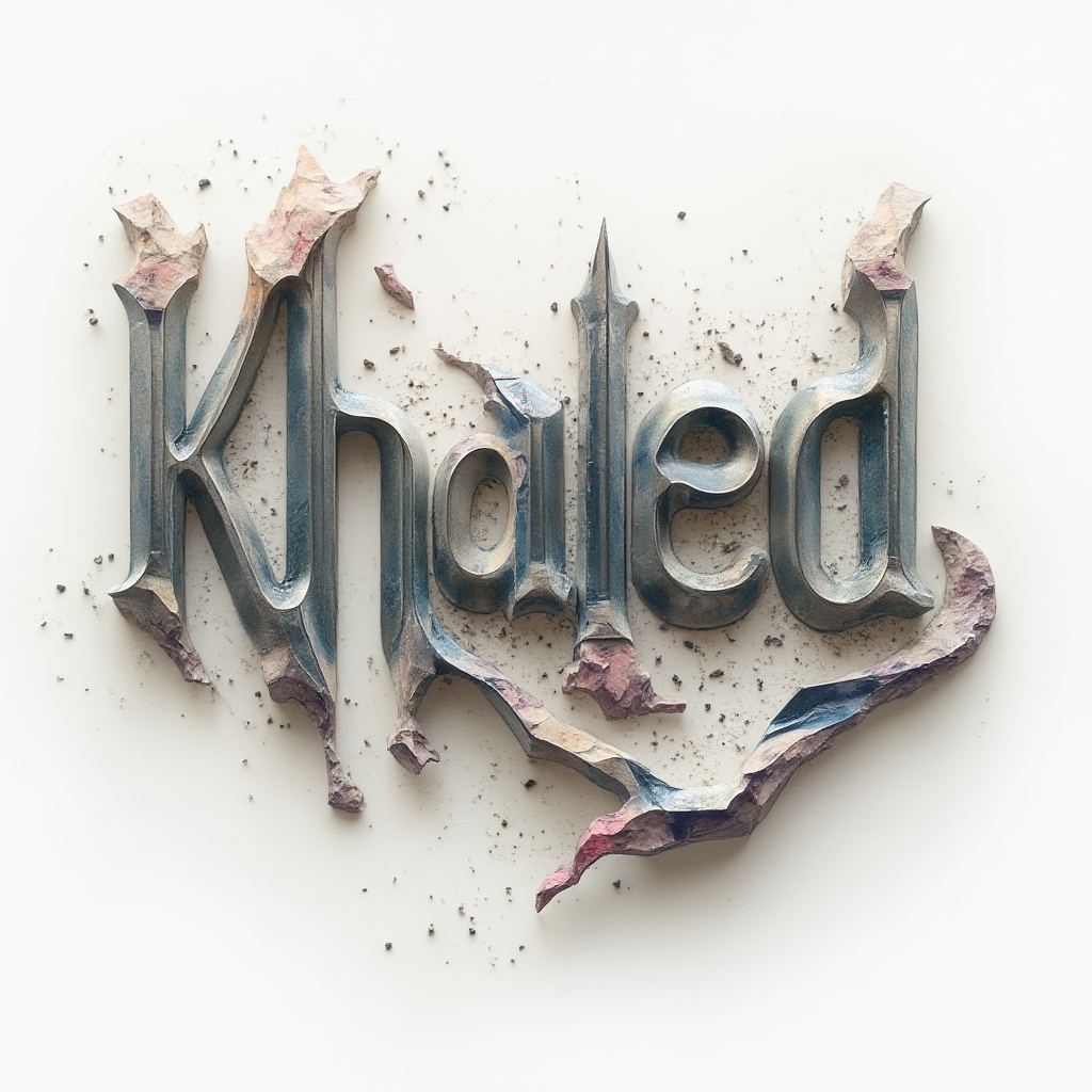 Surreal dreamlike tattoo design of the name khaled formed by impossible architectural shapes on white background
