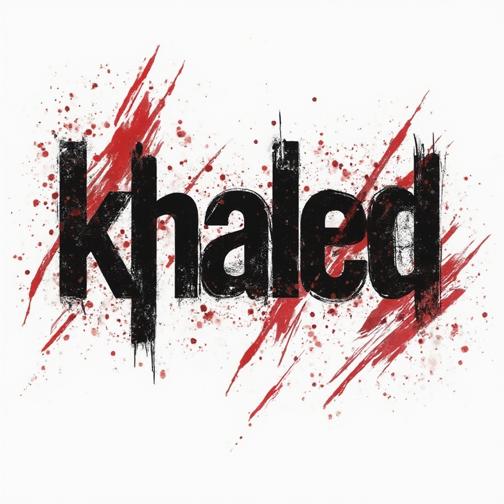 Trash Polka style tattoo concept of the name khaled in distressed black and red graphics on white background