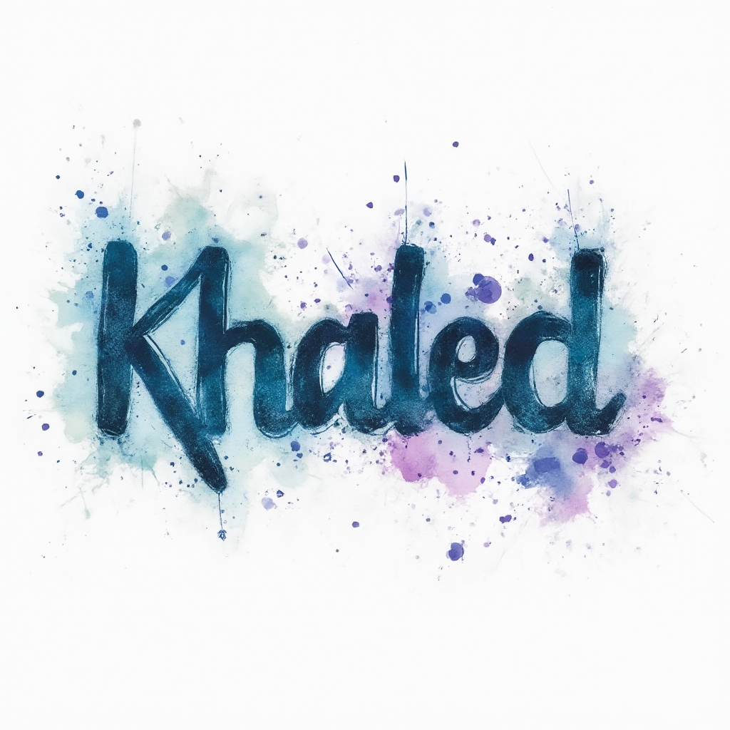 Watercolor splash tattoo concept of the name khaled in flowing colorful brush lettering on white background