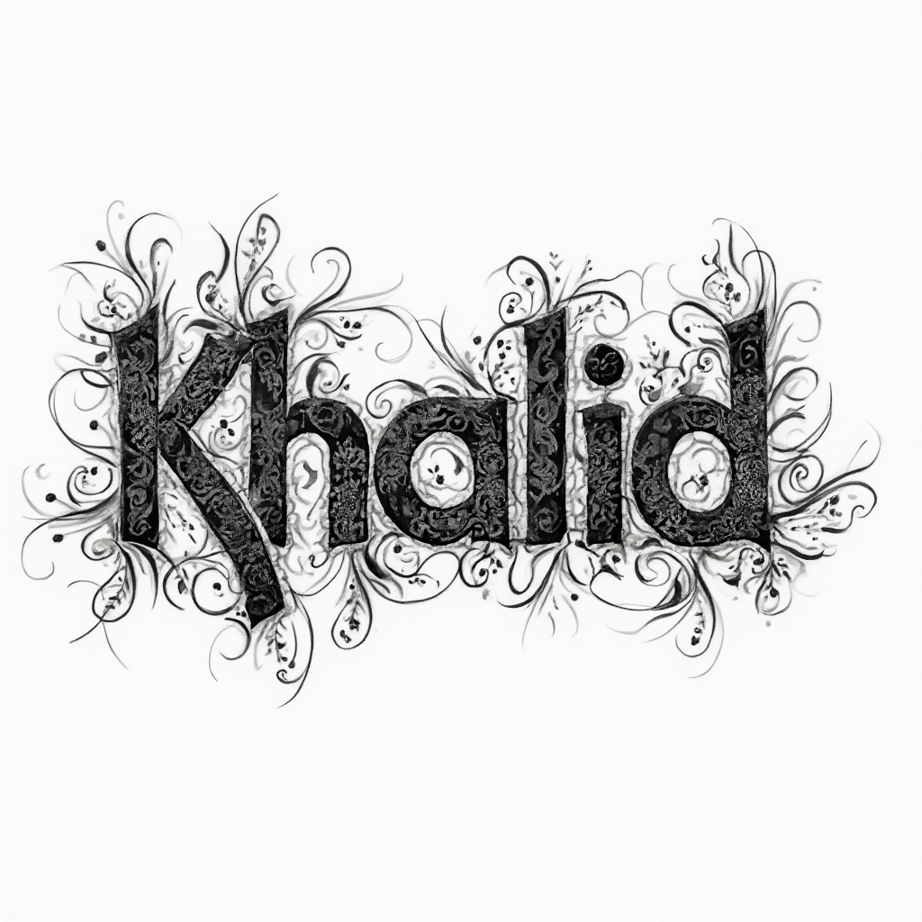 Monochrome ornamental tattoo-style design where interlocking black patterns form the name khalid on a white background.