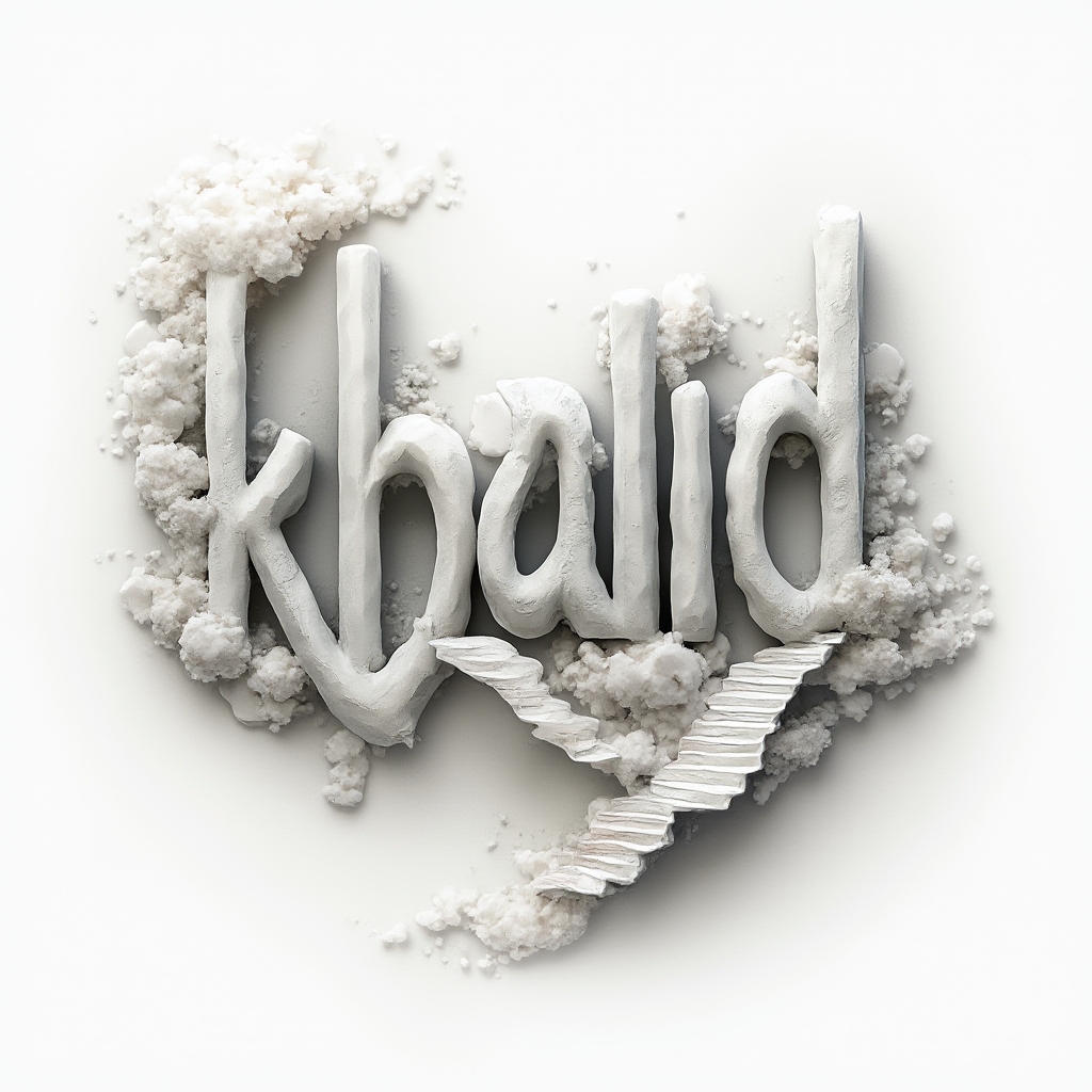 Surreal architectural and organic forms subtly shaping the name khalid on a white background in a tattoo-style design.