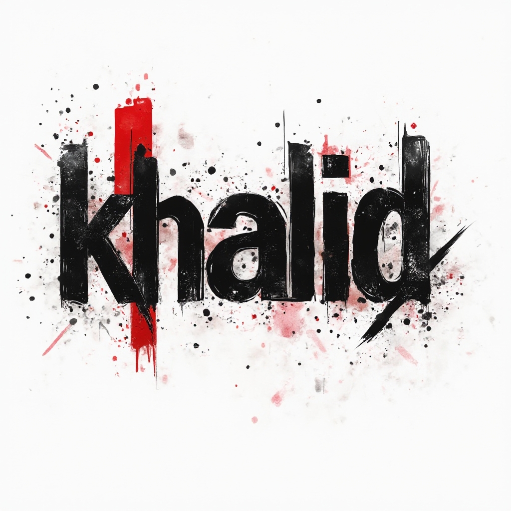 High contrast black and red abstract tattoo-style composition forming the name khalid in a Trash Polka look on a white background.