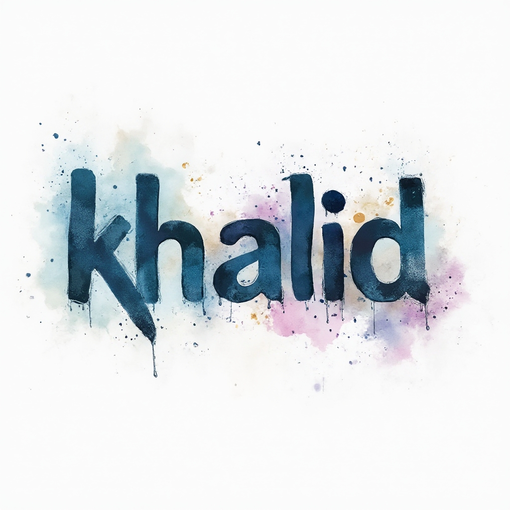 Watercolor tattoo-style design of the name khalid in fluid multicolor brushlike letters on a white background.