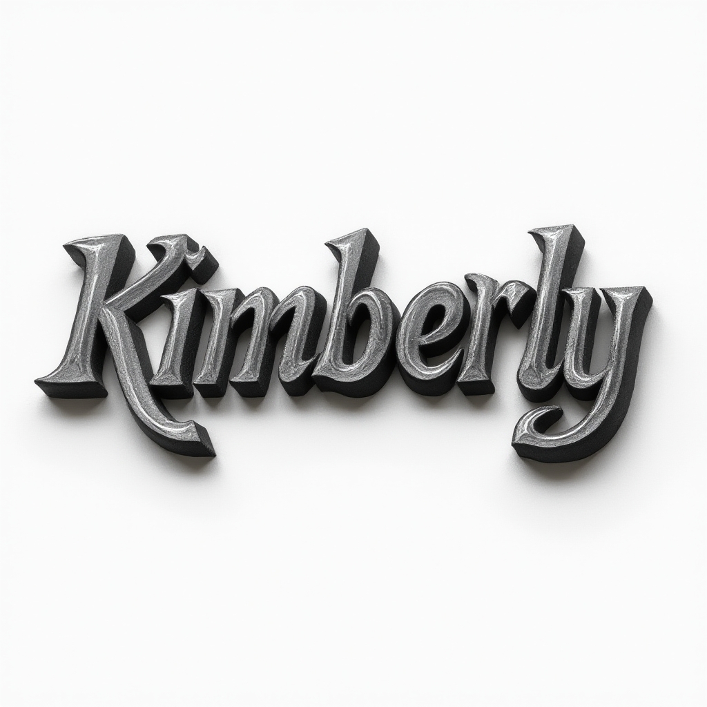 3D dimensional tattoo design of the name kimberly with bold sculpted lettering on white background