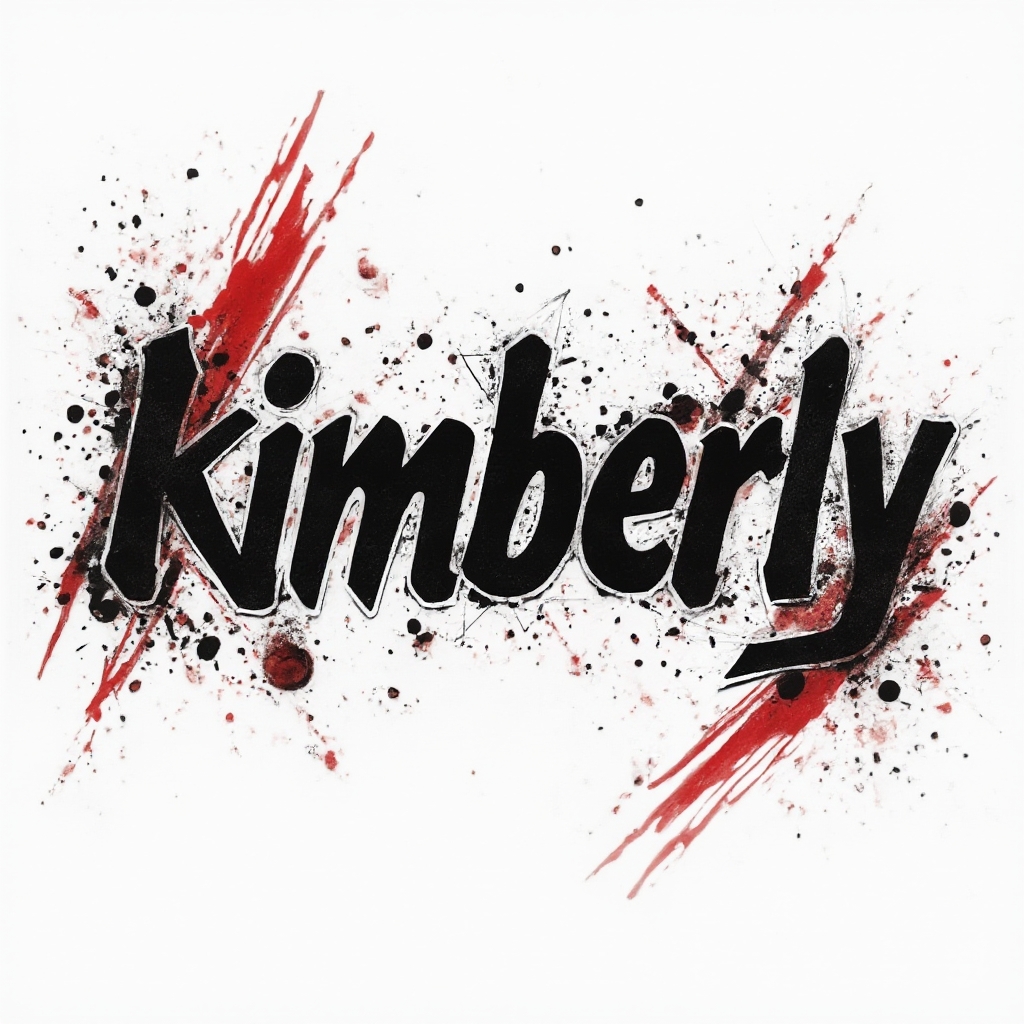 Trash Polka tattoo design of the name kimberly with distressed black lettering and red accents on white background
