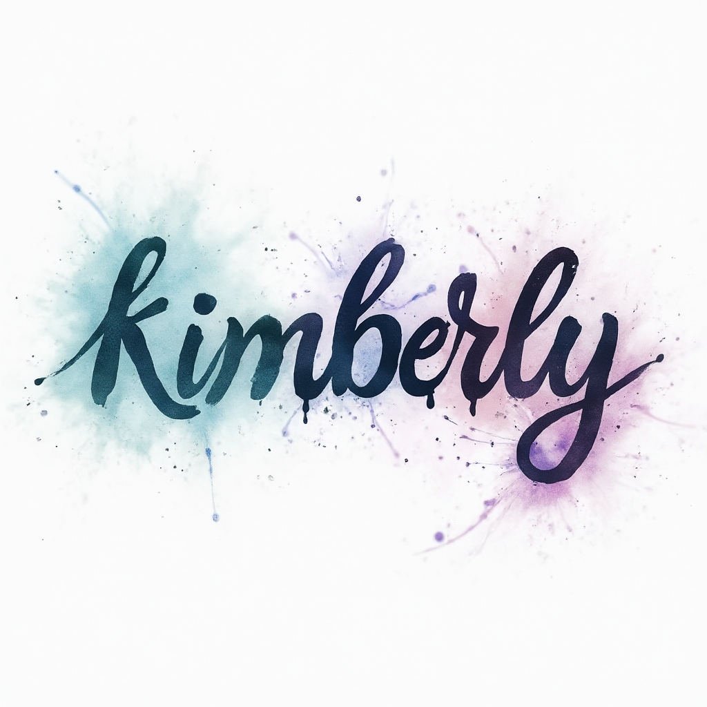 Watercolor tattoo design of the name kimberly in colorful flowing calligraphy on white background