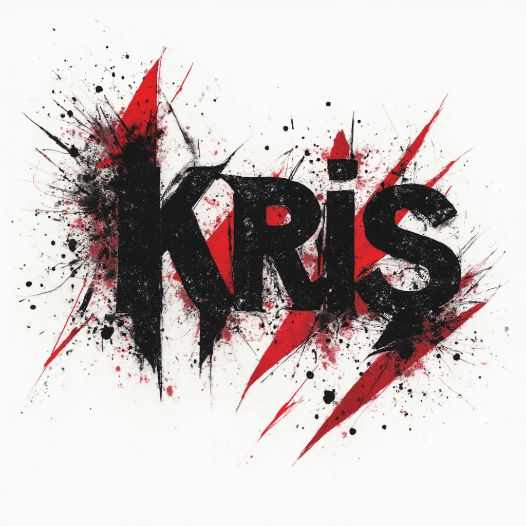 trash polka tattoo-style design of the name kris with fragmented black and red lettering on white