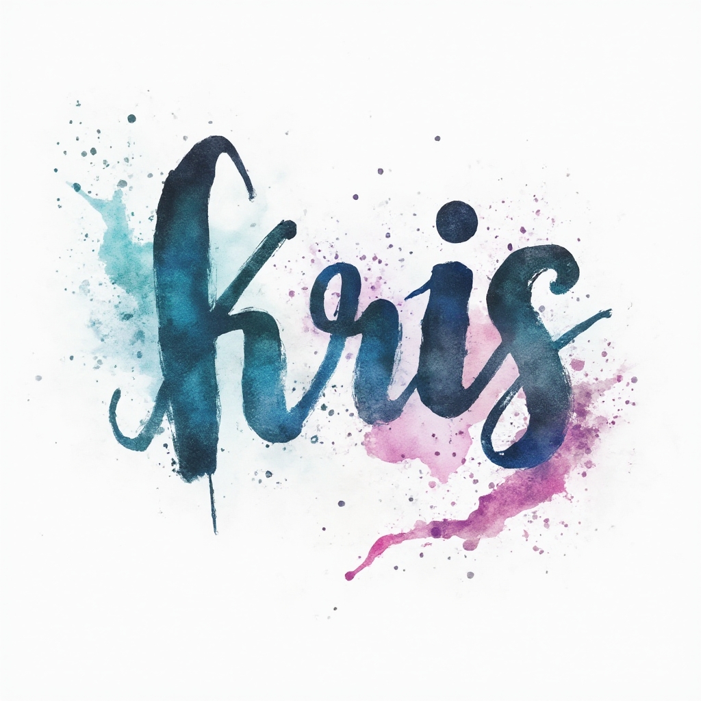 watercolor tattoo-style design of the name kris in flowing colorful calligraphy on a white background