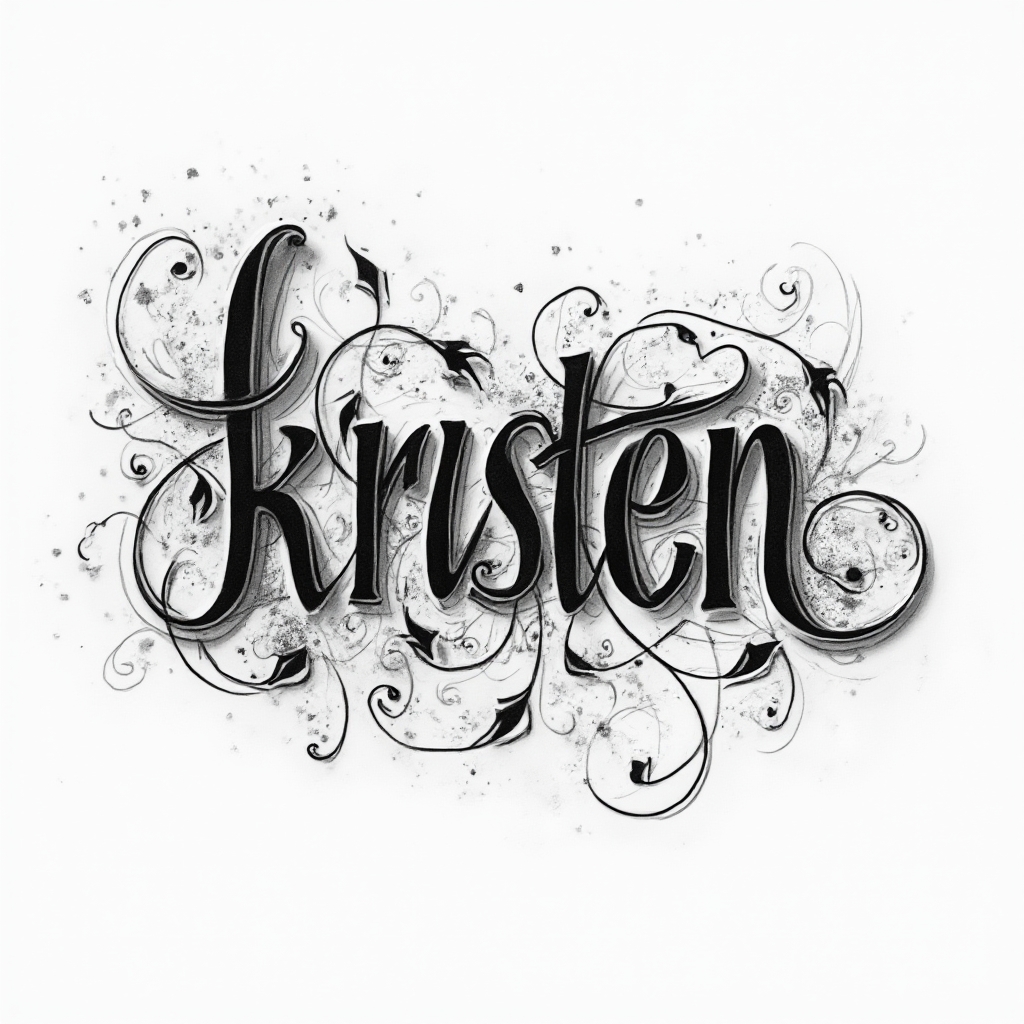 Ornamental black and gray tattoo design of the name kristen with flowing filigree and detailed linework on a white background.