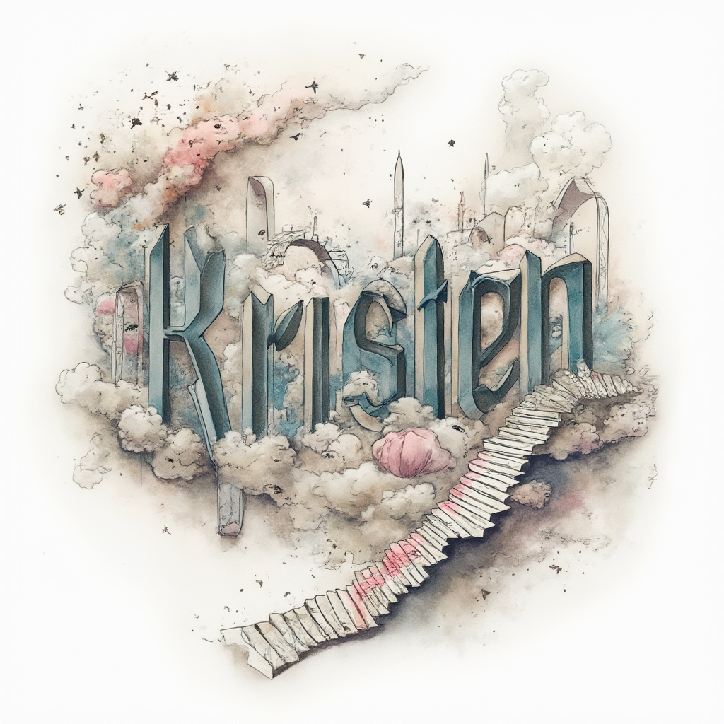 Surrealist tattoo design where the name kristen forms melting, floating letters in a dreamlike composition on white.