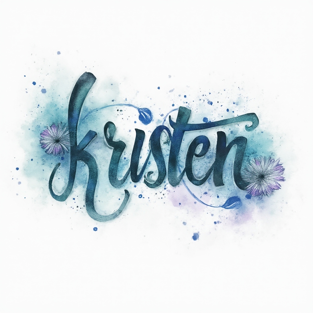 Watercolor-style tattoo design of the name kristen with flowing teal and purple splashes on a white background.