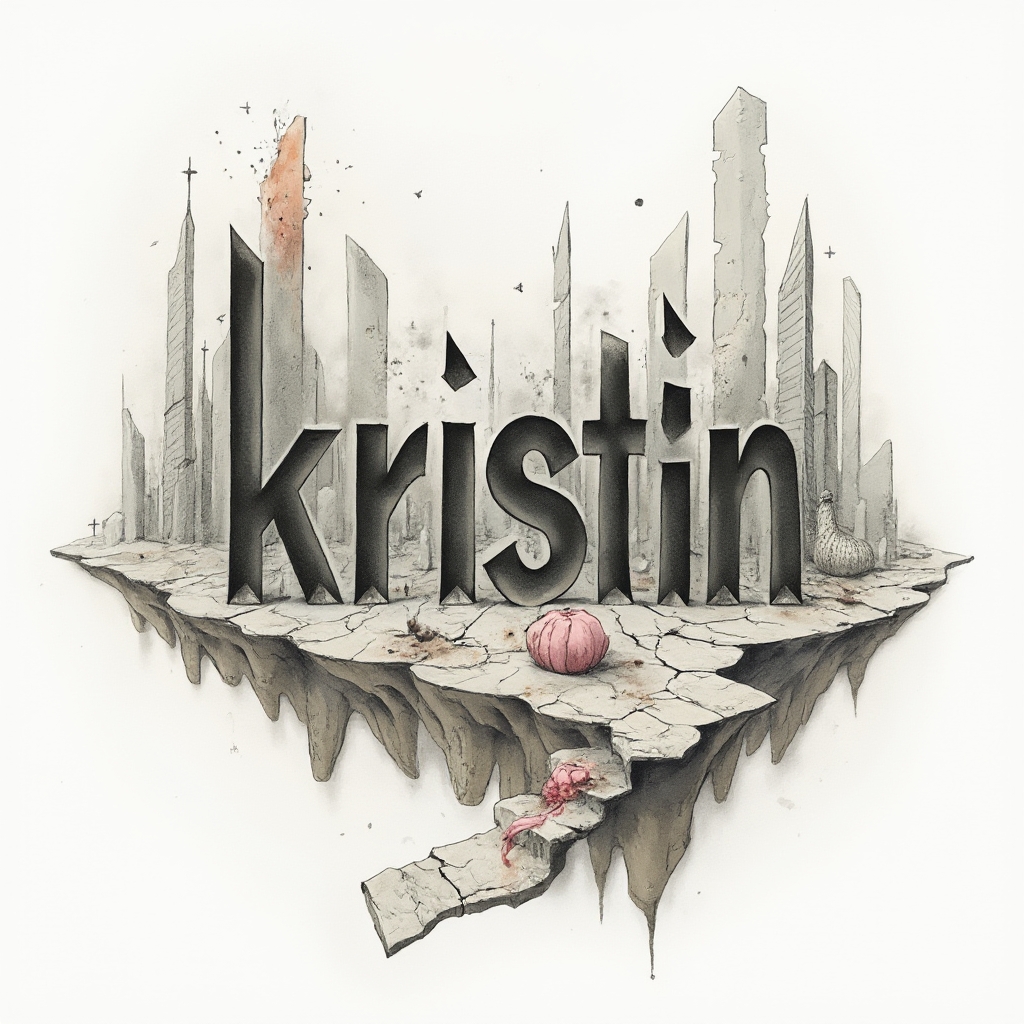Surrealist tattoo artwork where the name kristin becomes abstract floating structures on white background
