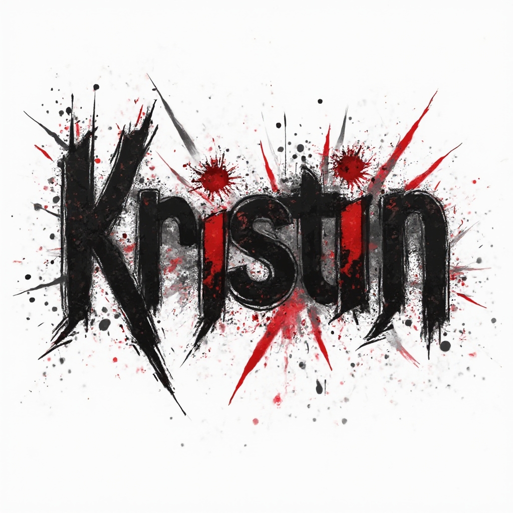 Trash Polka tattoo design with the name kristin in bold black and red fragmented lettering on white background