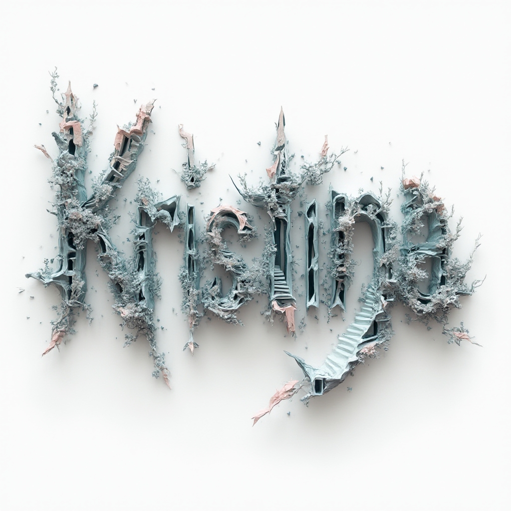 Surreal tattoo concept of the name kristina as melting and floating impossible architectural letters on a white background