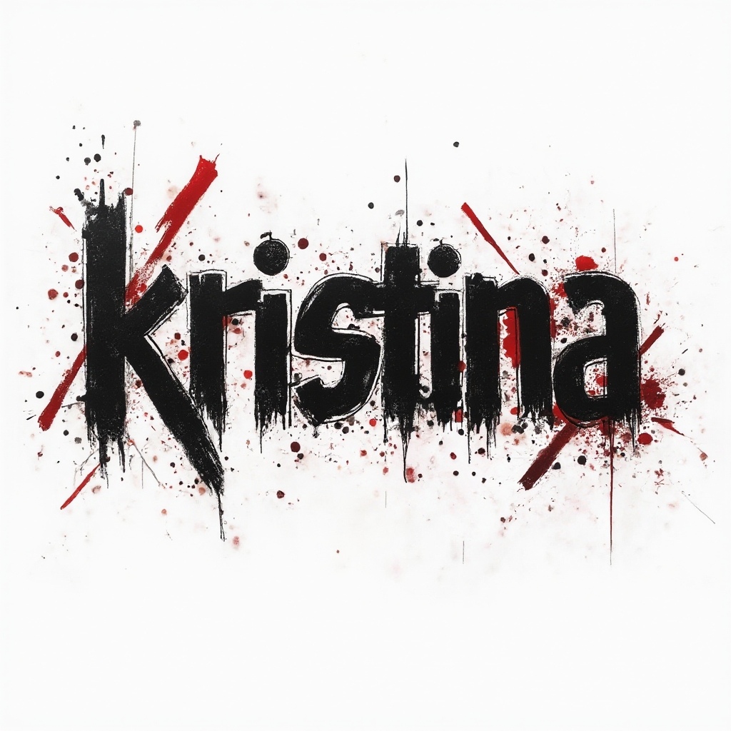 Trash Polka tattoo design of the name kristina with bold distressed black lettering and red splashes on a white background