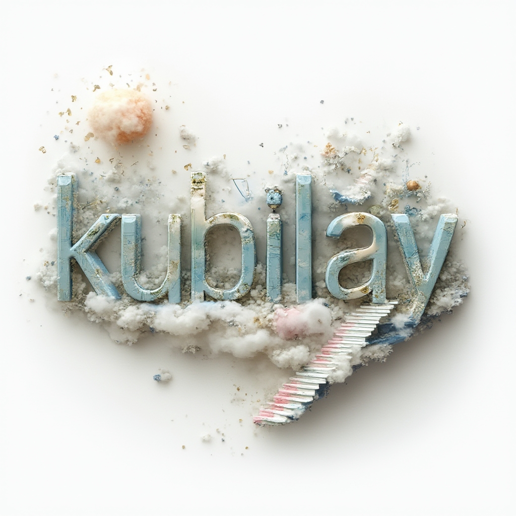 Surreal dreamscape tattoo design with the name kubilay transforming into floating islands and abstract forms on a white background