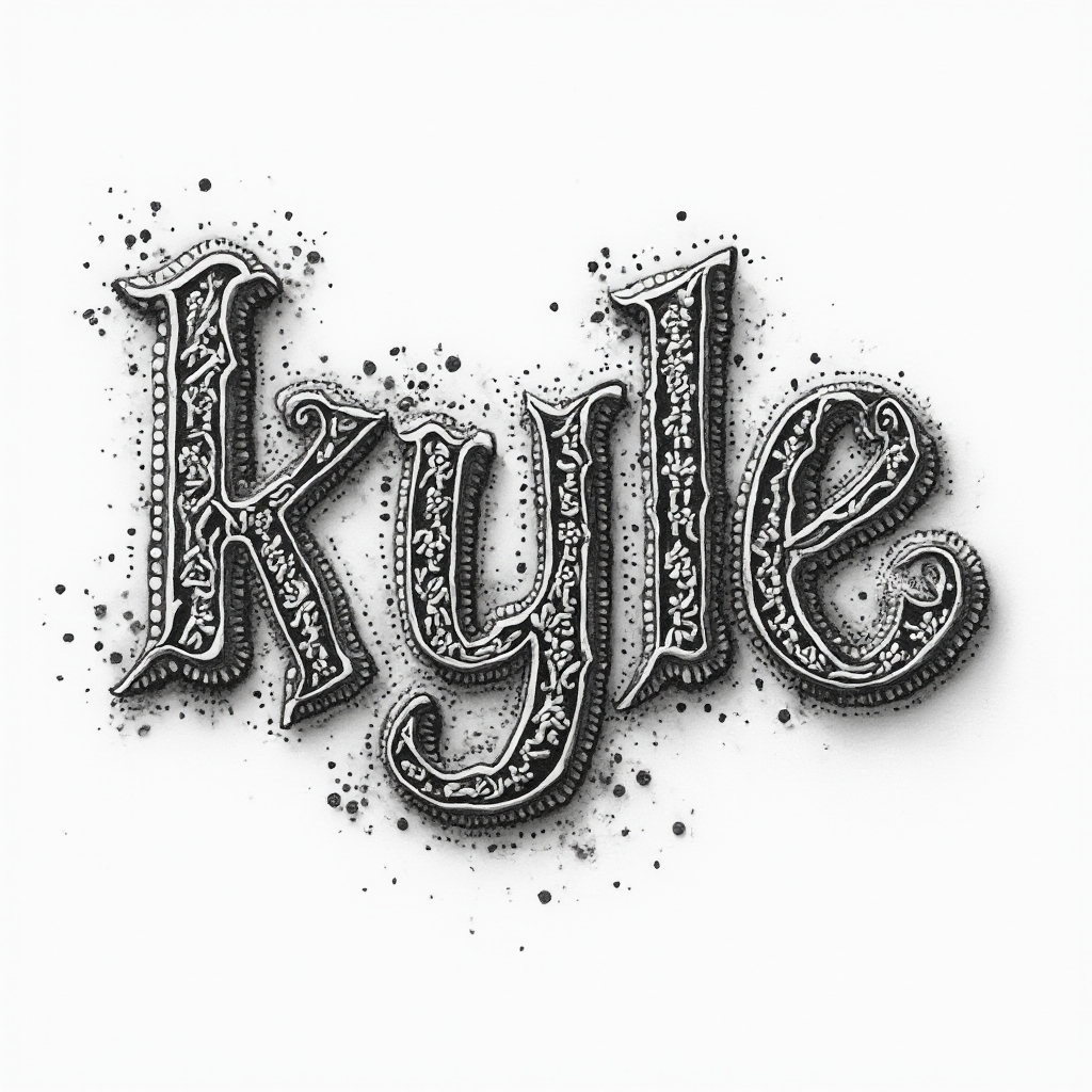 Monochrome tattoo concept where the name kyle is formed from dense ornamental patterns on a white background.