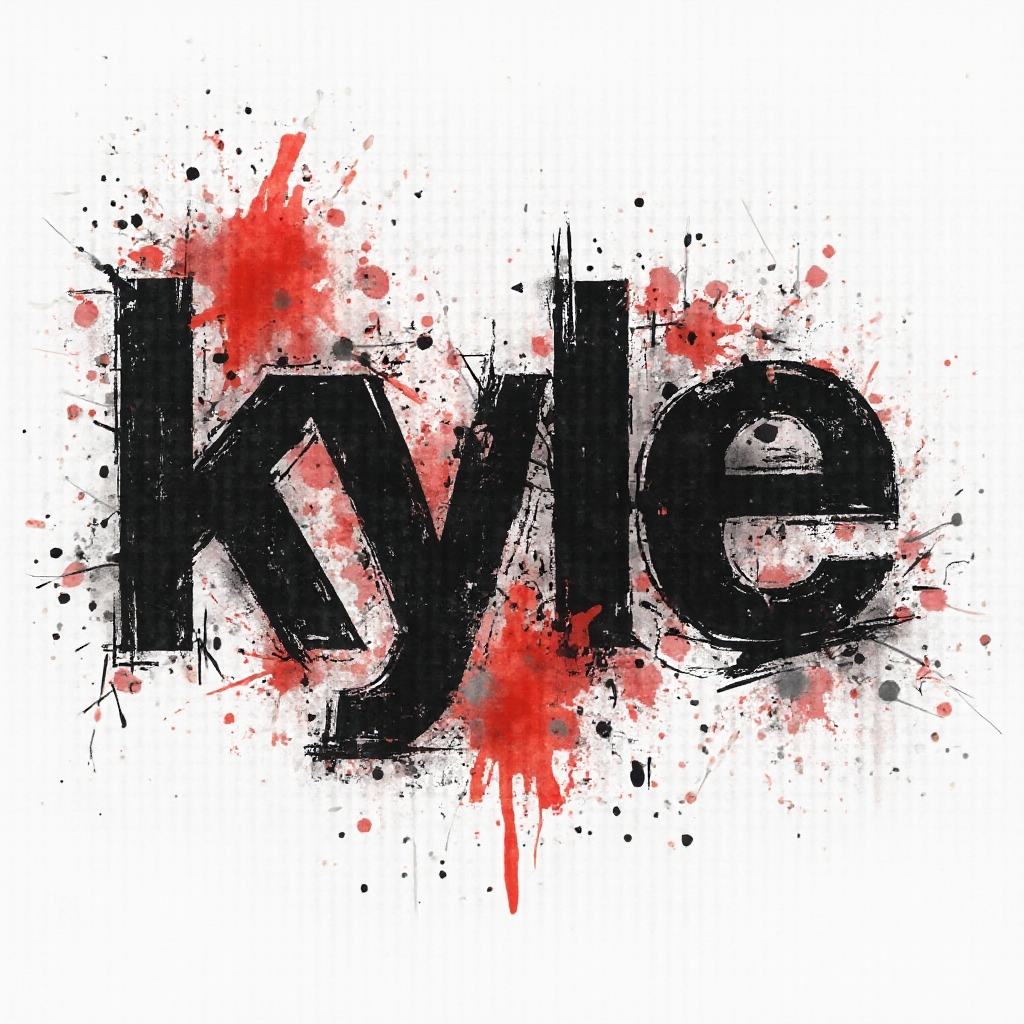 Trash Polka style tattoo concept where the name kyle is broken into bold black and red abstract lettering on a white background.