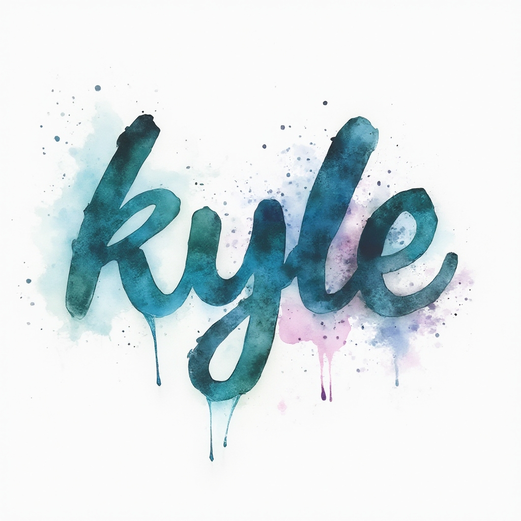 Watercolor splash tattoo concept where the name kyle is painted as fluid colorful lettering on a white background.