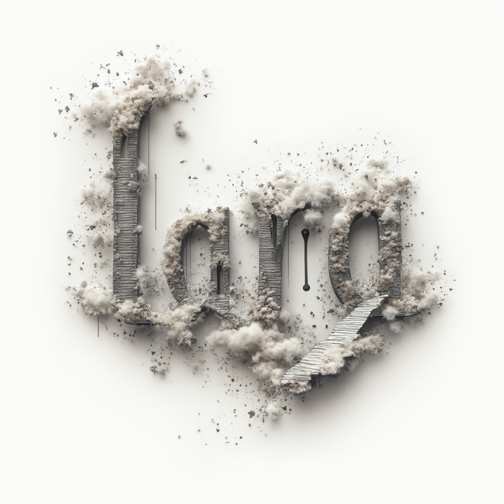 Surreal tattoo concept where the name lara is shaped from melting script that transforms into floating stairs, spheres, and abstract shards on white.