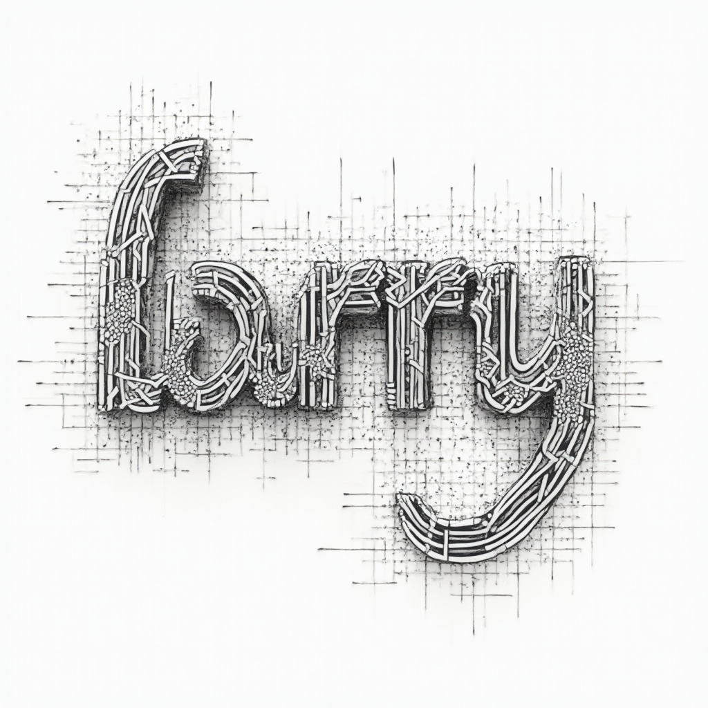 Abstract geometric tattoo concept of the name larry formed from interlocking black lines on white background.