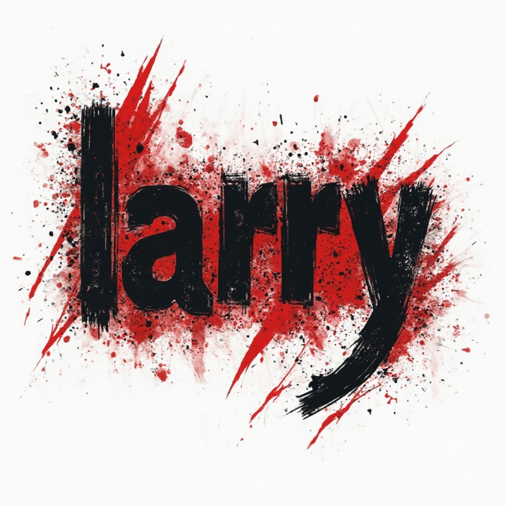 Bold Trash Polka tattoo concept of the name larry with black strokes and red splashes on white background.