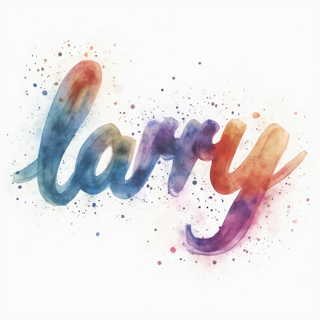 Watercolor splash tattoo concept of the name larry in colorful flowing script on white background.