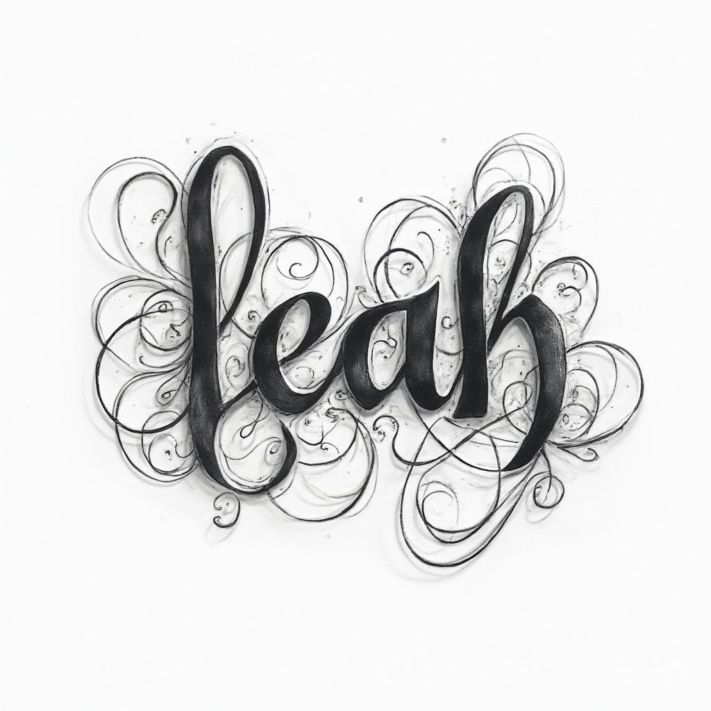 Abstract ornamental tattoo concept where the name leah is suggested by interlocking flowing lines on a white background.