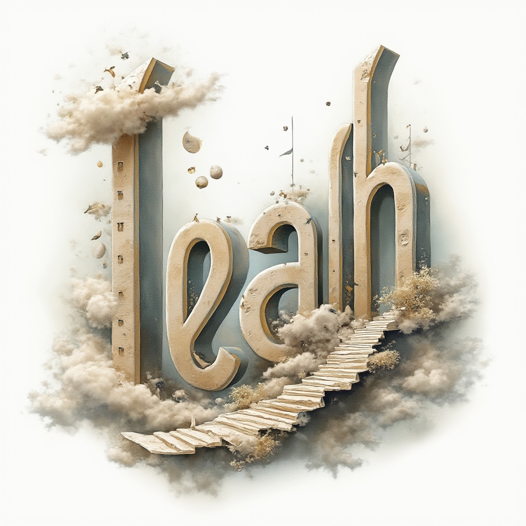 Surrealist tattoo artwork where the name leah is built from impossible architectural and dreamlike forms on white.