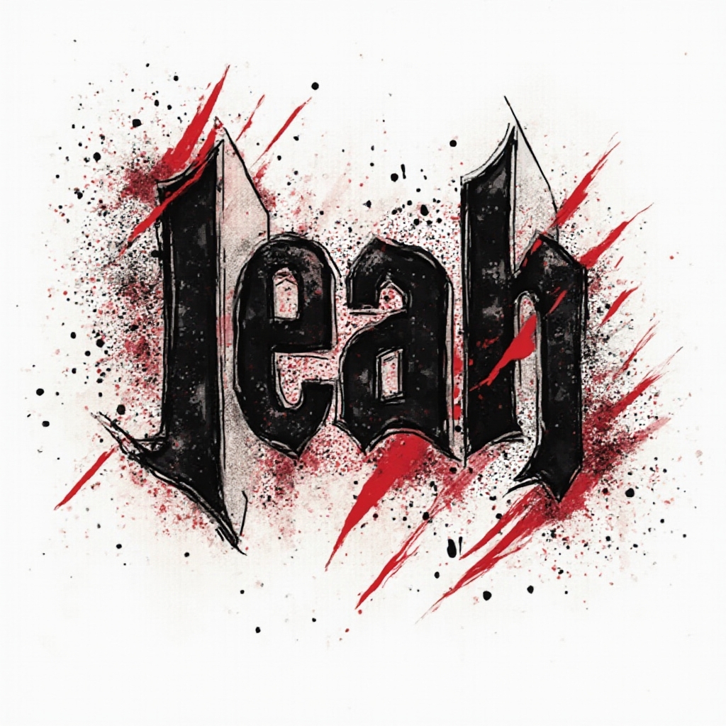 Trash Polka tattoo concept with the name leah created from jagged black and red abstract lettering on a white background.