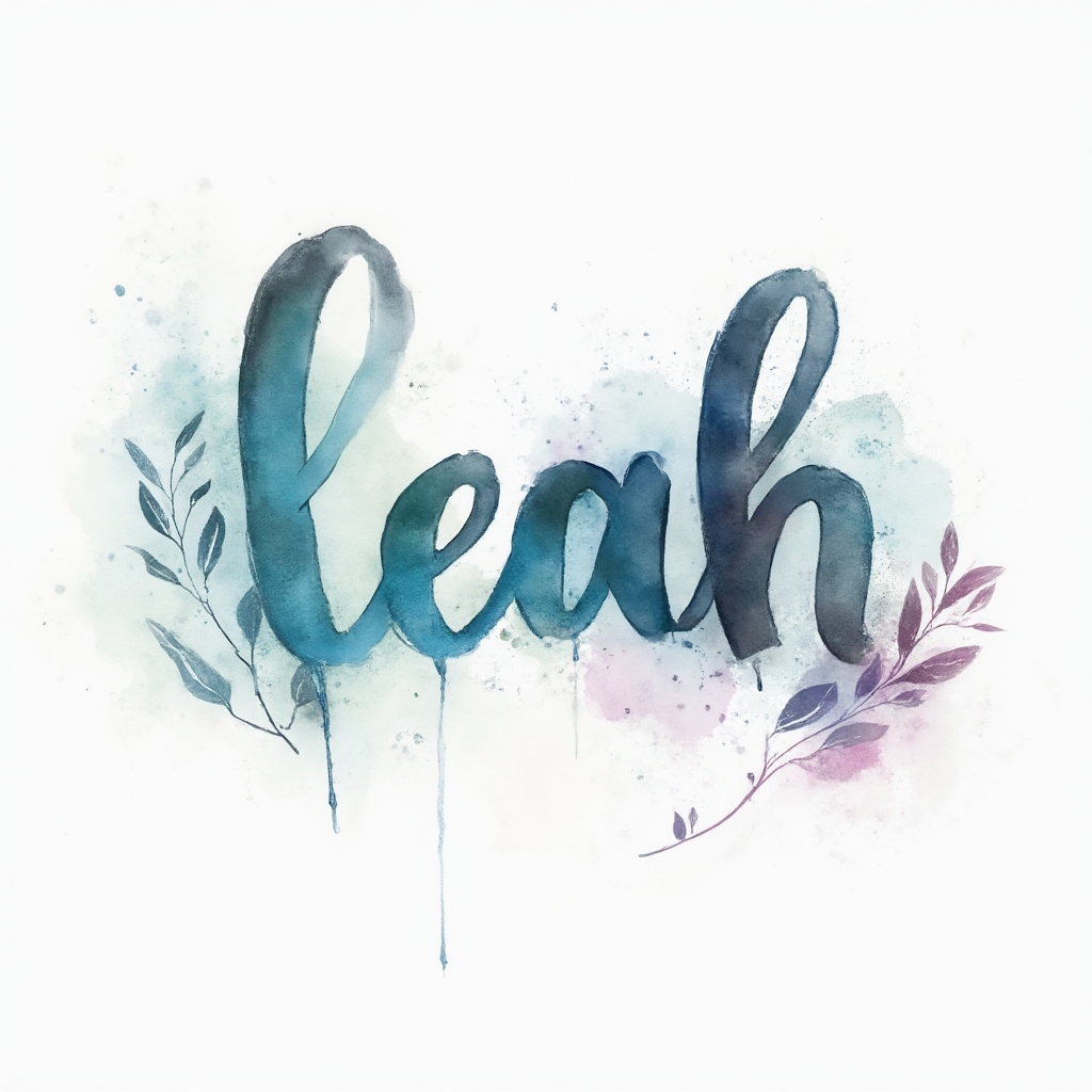 Watercolor tattoo concept integrating the name leah into colorful flowing brushstroke lettering on a white background.