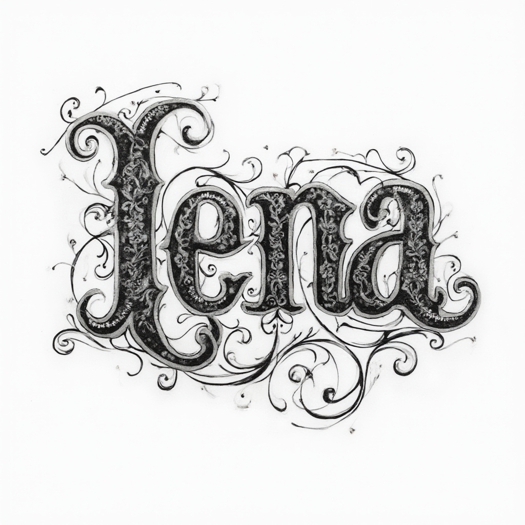 Highly detailed ornamental tattoo concept of the name lena in decorative lettering on a white background.