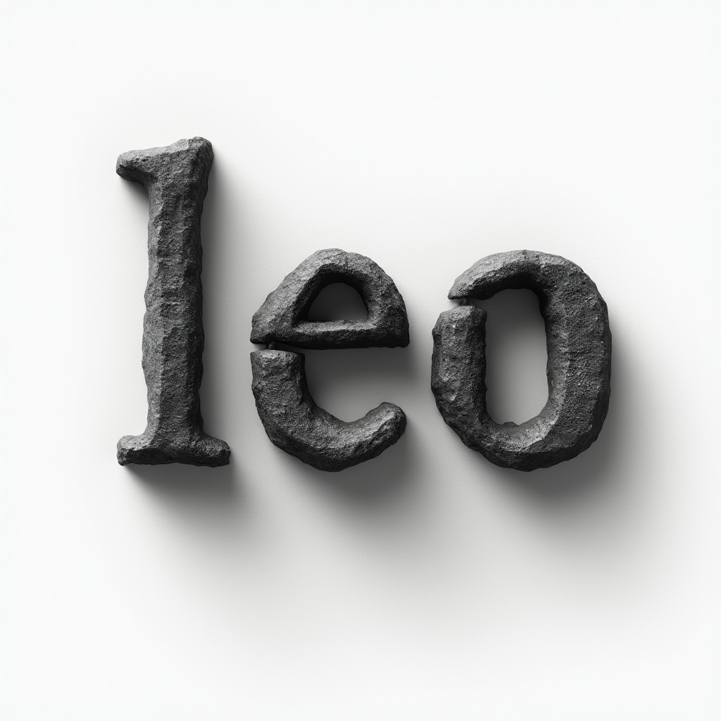 Monochrome tattoo concept where the name leo appears as carved stone letters with strong shadows on a white background.