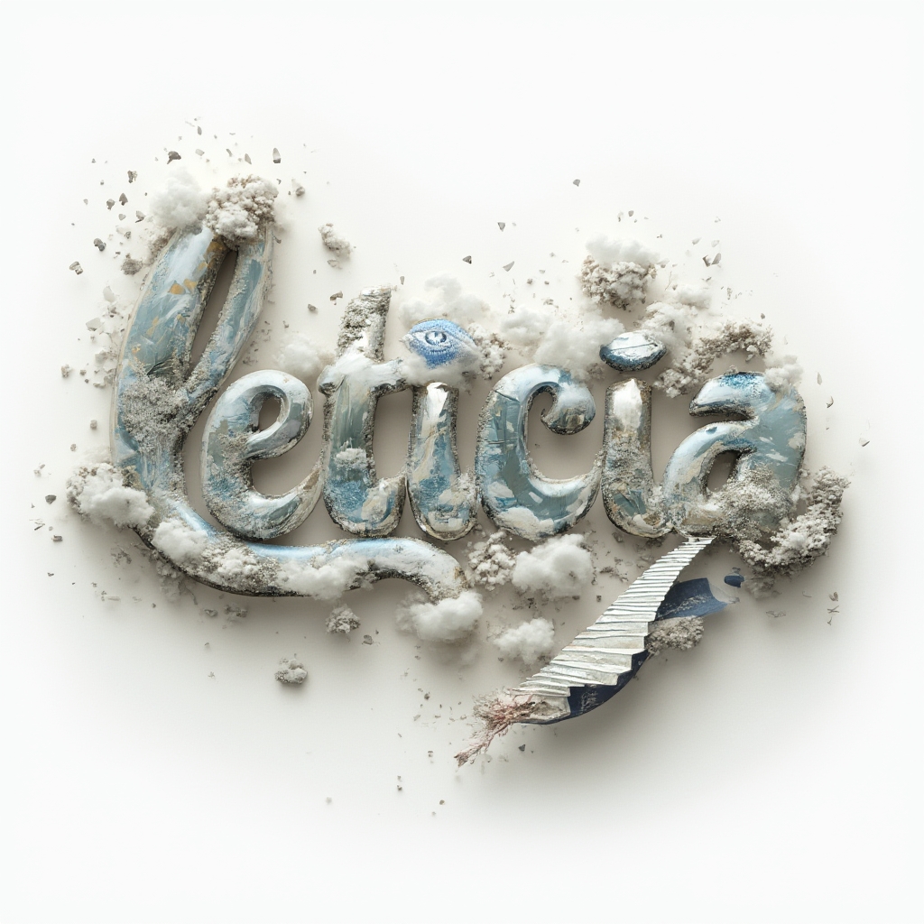 Surrealist tattoo concept where the name leticia is built from dreamlike objects and shapes on a white background.