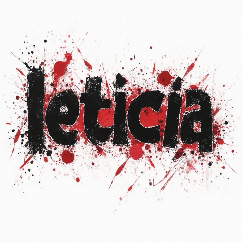 Trash Polka tattoo artwork where the name leticia is created from black strokes and red splashes on a white background.