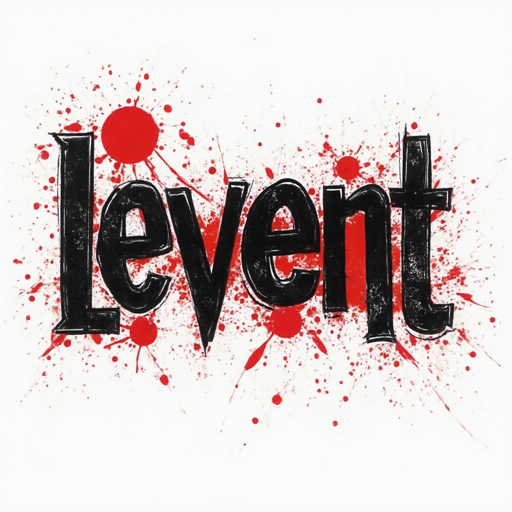 High-contrast black and red abstract lettering forming the name levent in a Trash Polka style on white