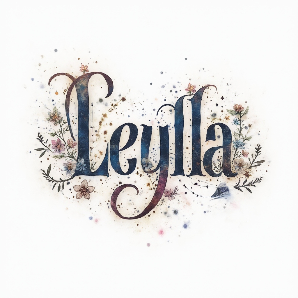Ornamental tattoo artwork spelling leyla with floral and cosmic glyph-like letters on a white background.