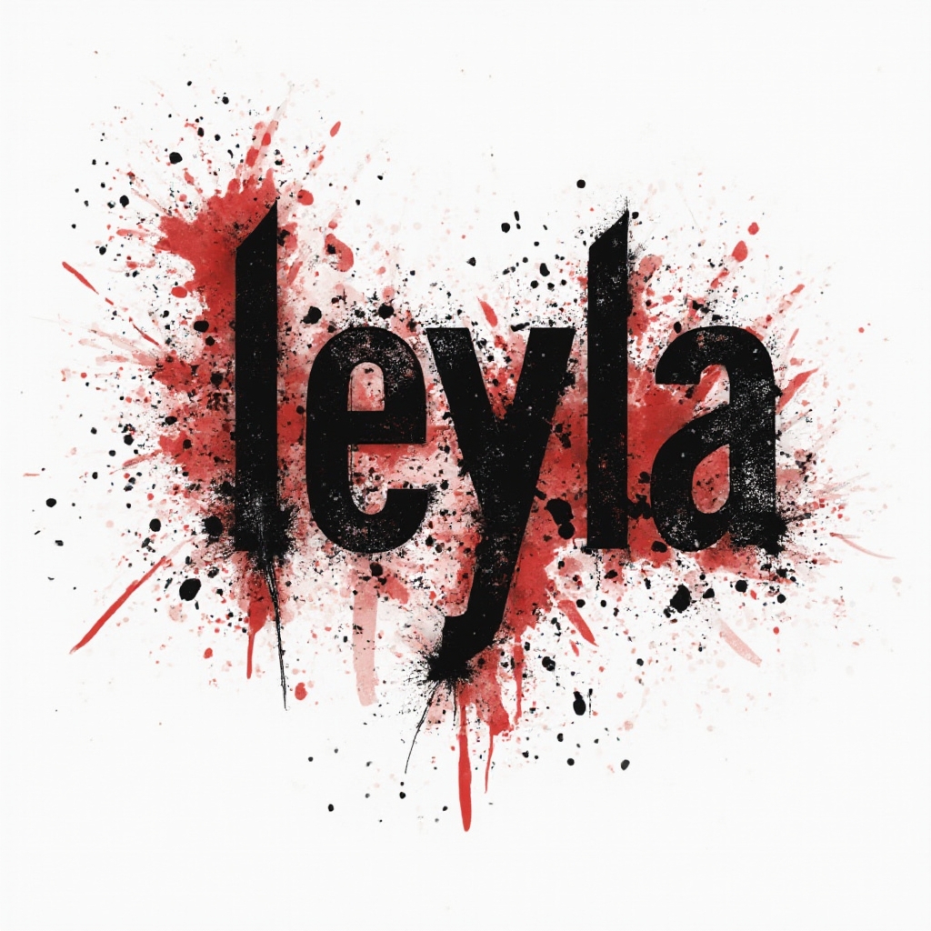 Trash Polka tattoo concept of the name leyla in distressed black and red ink on a white background.